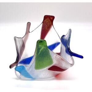 Contemporary Fused Art Glass Folded Edge Candle Holder 3.5" Tal 4" Wide